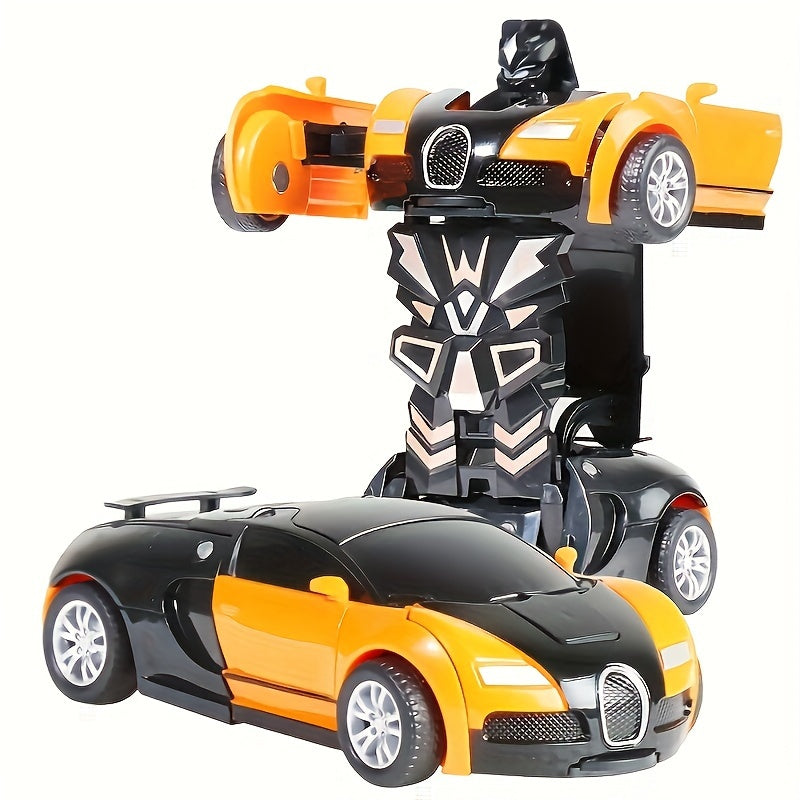 1pc Transforming Toy Car transforms into a robot car model upon impact, no batteries needed.