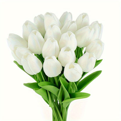 5 lifelike white tulip artificial flowers with real touch feel, perfect for spring decor, weddings, and home office centerpieces. No batteries needed.