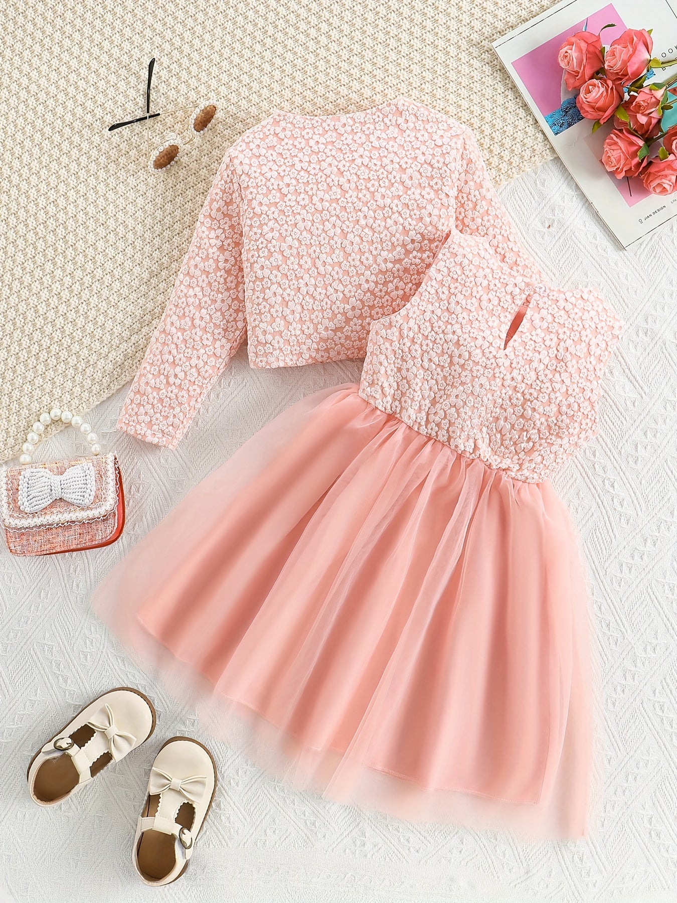 Girls' Casual Outfit Set: Crew neck cardigan and knee-high dress with tulle skirt in non-stretch fabric, perfect for spring/fall outdoor wear