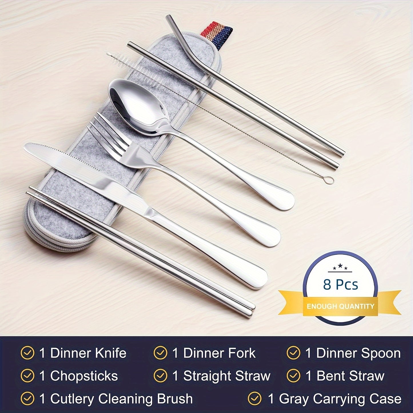 Travel camping set with 8 pieces of stainless steel cutlery includes knife, fork, spoon, chopsticks, cleaning brush, straw, and carry case.