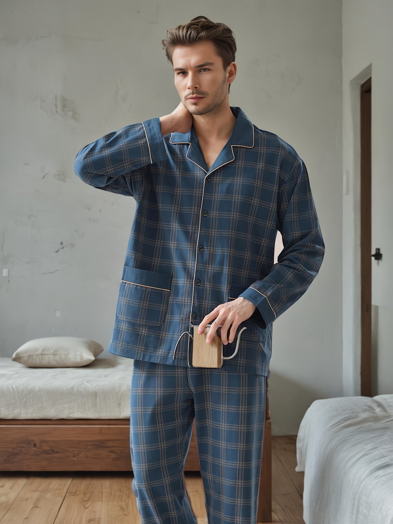 Men's spring and autumn two-piece pajamas with long sleeve trousers, cardigan, turnover collar, loose fit, casual plaid design for adults and youth.