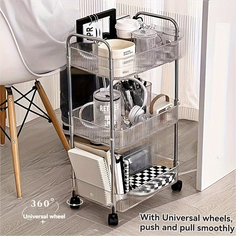 Acrylic rolling storage cart with 3/4 layers, transparent design, 360° rotating wheels, ideal for bedrooms, bathrooms, and kitchens.