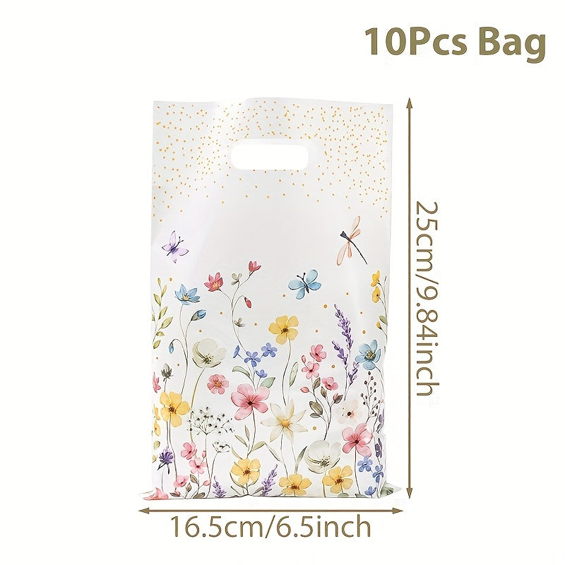 10/25/50pcs of Wildflowers Theme Plastic Gift Bags with Leaf and Flower Design - Punch Hole Handle, ideal for Mother's Day, Weddings, Birthdays.