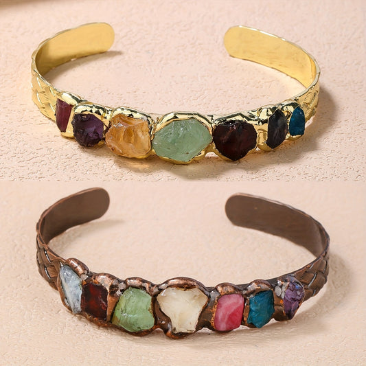 Handmade Bohemian Copper Cuff Bracelet adorned with 7 gemstones, featuring a unique burnt welded design. This beautiful piece showcases a vibrant mosaic of natural rock crystals, making it a perfect accessory for summer parties and Mardi Gras