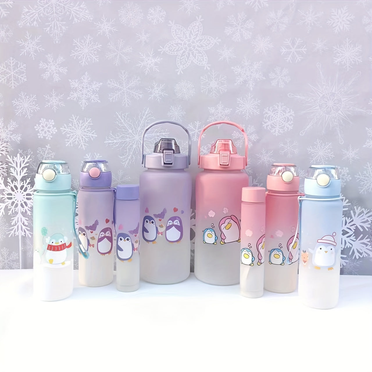 Cartoon cute sports water bottles in multiple sizes, ideal for gifts and use in various settings such as office, school, gym, and outdoor activities.