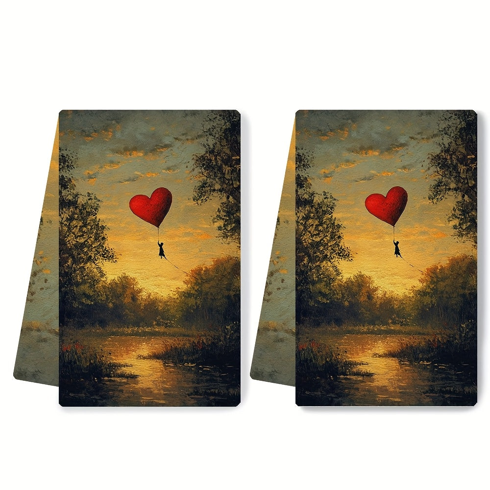 Two pieces of ultra soft kitchen towels with a heart kite flying in a park design. These highly absorbent dish hand towels are perfect for holiday decor. They are machine washable and measure 16x24 inches. - Item code: 2KYSYS1215263