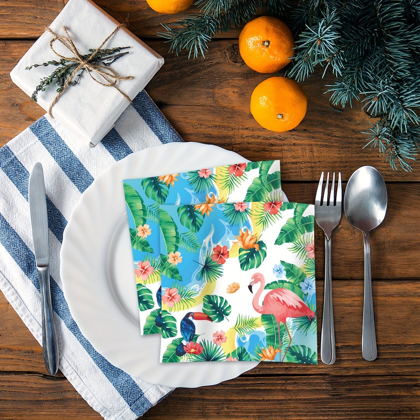 20 pieces of Hawaii Themed Party Disposable Paper Napkins with a Green Leaf Flamingo design, ideal for decorating your bathroom, powder room, or for use at weddings, holidays, and birthday parties.