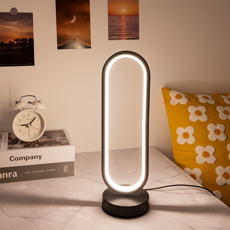 Sleek LED desk lamp with USB port, dimmable black and white lighting, metal base for bedroom and living room.