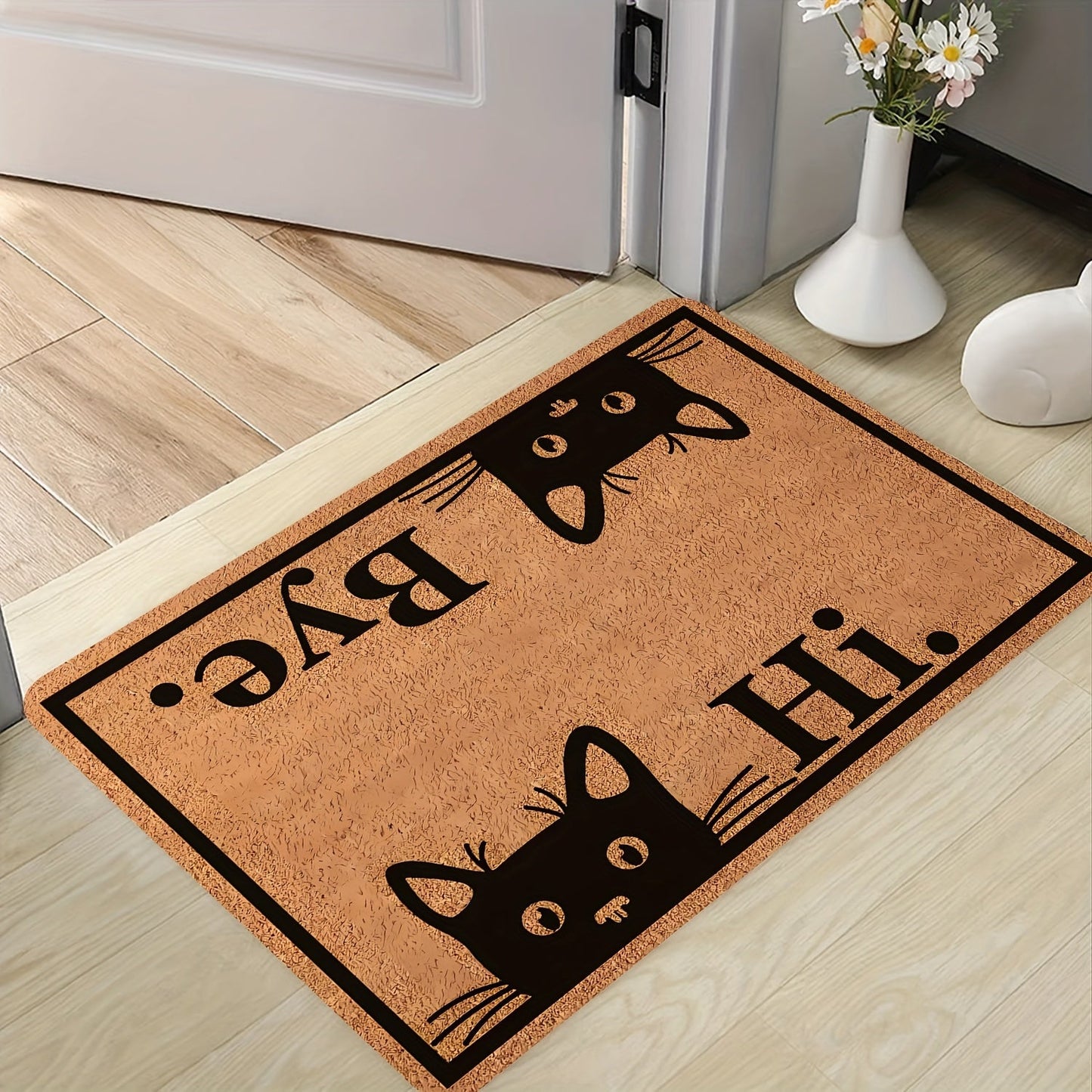 Black Cat Welcome Doormat - Rectangle Polyester Rug with PVC Backing, Stain & Dirt-Resistant, Machine Washable Entrance Mat for Indoor and Outdoor Use, Whisker Wonders Design