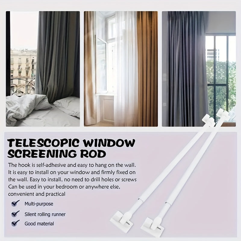 Two small curtain rods with retractable and adjustable features, includes four 7-shaped screws and five adhesive plastic supports.