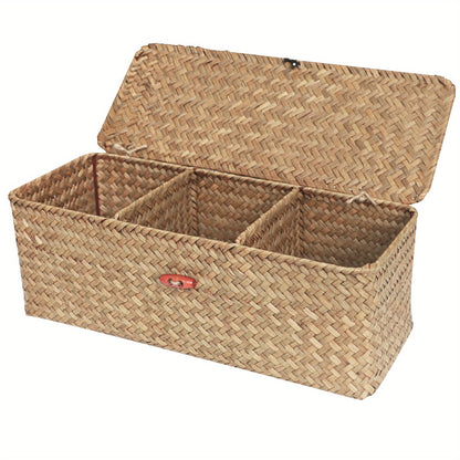 Rectangular seagrass storage basket with lid, durable woven organizer with compartments for snacks, toys, and more. Natural aesthetic with red button closure. Shelf baskets included.