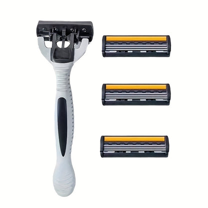 Men's manual razor with stainless steel blades, non-slip handle, and replacement heads. Ideal for beard and mustache grooming.