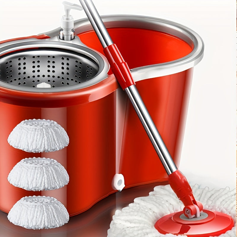 Red Household Rotating Mop and Bucket Set with 3 Mop Cloths - Hands-free Cleaning for Industrial and Wet Use, Dust and Hardwood Floor Cleaning - Perfect for Home, Office, Schools - Includes Cleaning Tools