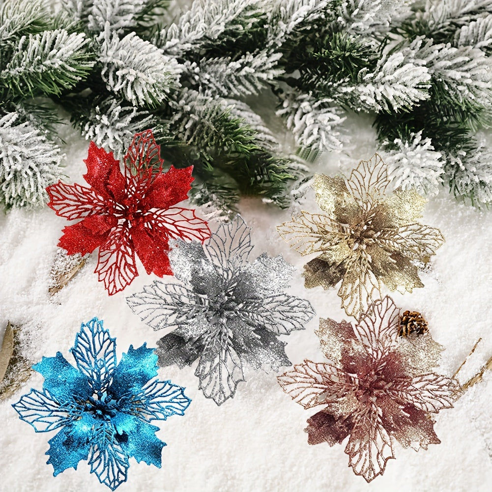 10 artificial Christmas flowers, 9cm/3.54in, glitter tree ornaments made of polyester and plastic. Suitable for home, kitchen, parties, and First Communion. No power required, festive holiday decoration.