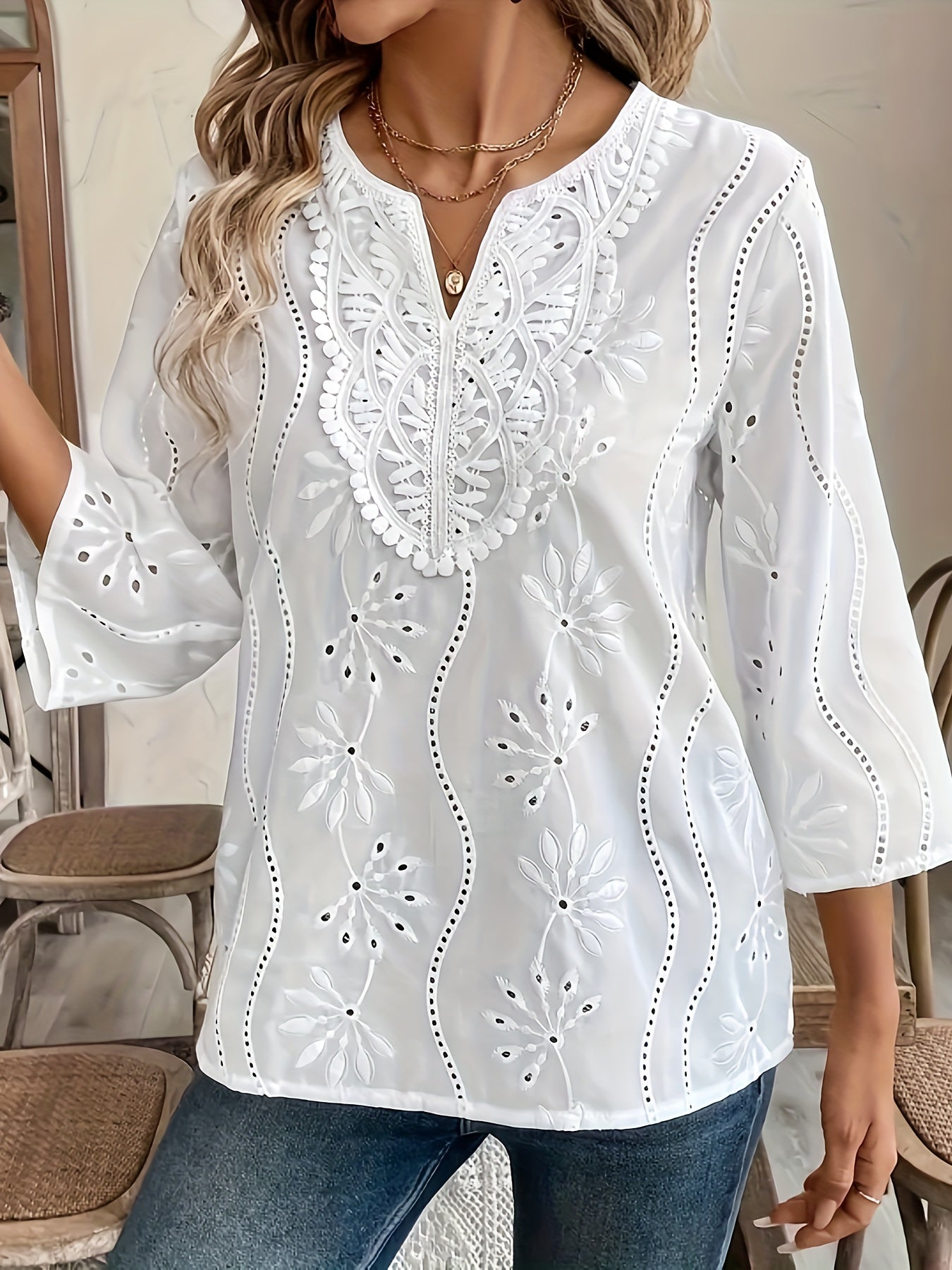 Stylish V-neck top with lace detail, tailored fit, no bra padding, suitable for spring, summer, and fall seasons.