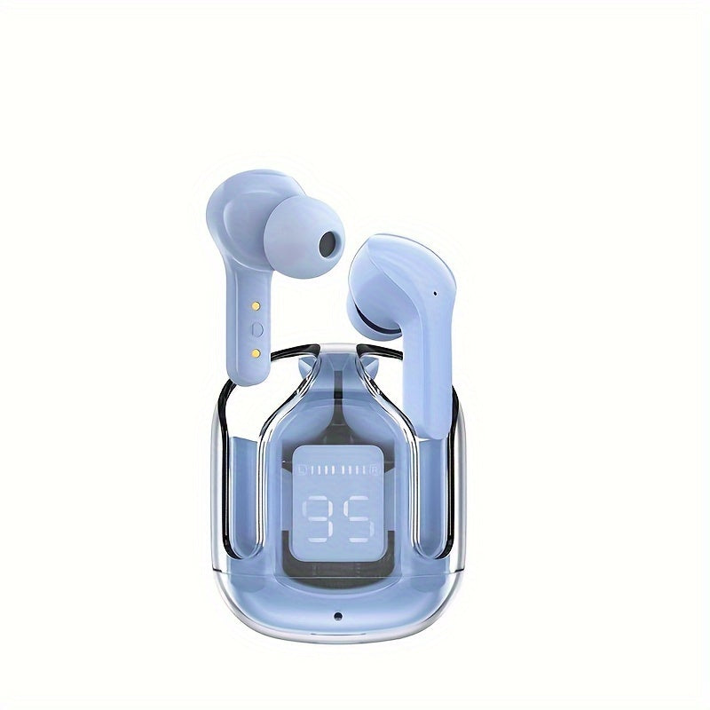 Wireless TWS headset with LED battery display, dual stereo microphone, mini in-ear earbuds, and clear charging case for music, gaming, and sports.