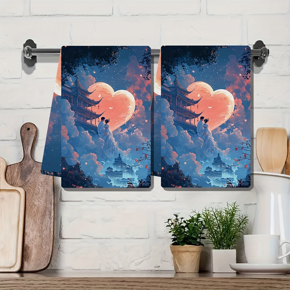 Set of 2 Ultra Soft Kitchen Towels featuring a Couple in Traditional Chinese Attire on a Heart Shaped Cloud overlooking a Celestial Palace, perfect for Holiday Decor. These Highly Absorbent Dish Hand Towels are Machine Washable and measure 16x24 inches.