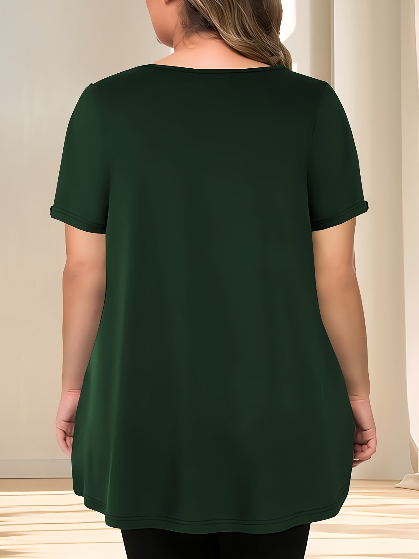 Pleated button detail T-shirt for plus size women, perfect for spring & summer.