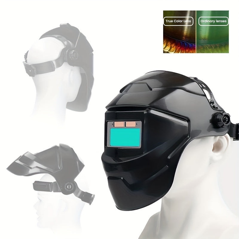 Automatic dimming LED welding face mask provides high-temperature resistance and 180° defense for welding activities.