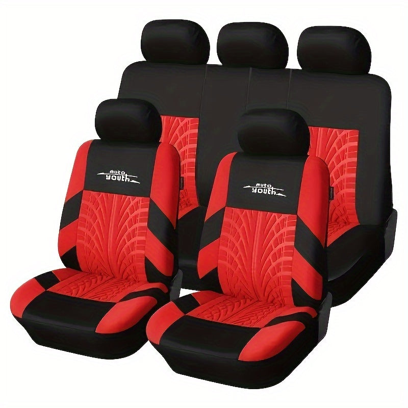 Polyester car seat cover for 5-seater vehicles, breathable and stain-resistant, with tire tread design. Fits sedans and SUVs.