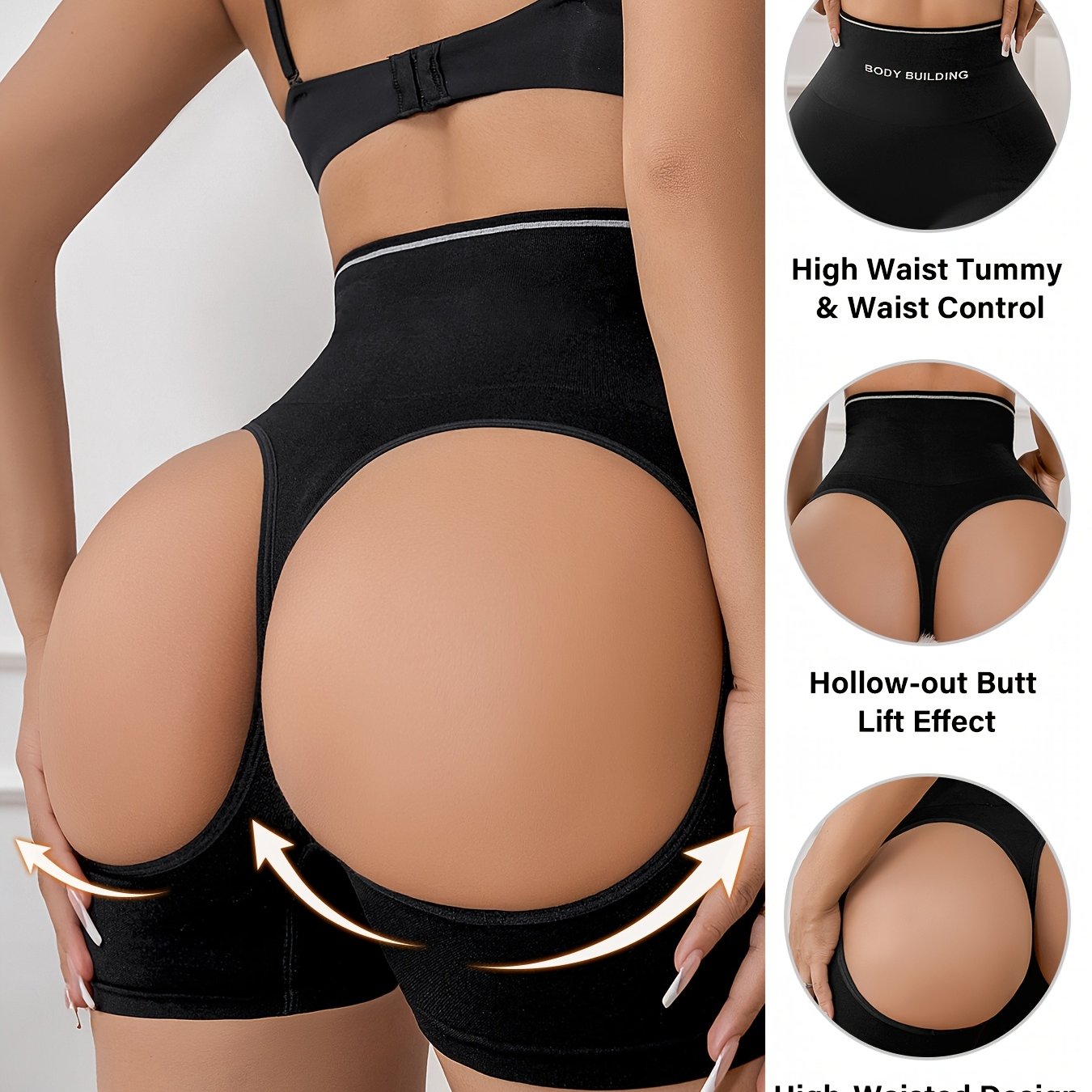 Women's High-Waist Thigh Slimmer in Solid Color, Seamless Contouring Shorts made of Polyamide and Elastane Knit Fabric with Hollow Back Detail.