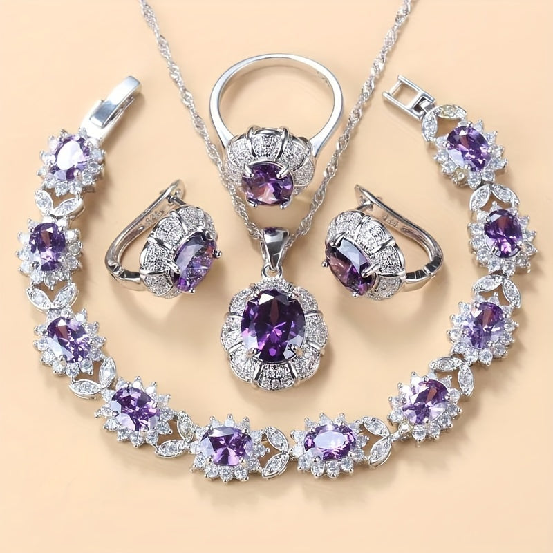 Elevate your look with this stunning 5-piece jewelry set for women. Each piece is beautifully silvery plated and accented with sparkling cubic zirconia for a touch of elegance. This set includes a dainty necklace, earrings, ring, and bracelet, making it