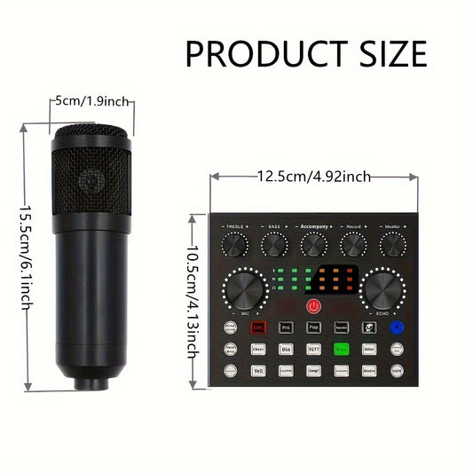 Podcast studio kit with audio interface, mixer, and microphone for high-quality recording. Compatible with PC, laptop, and smartphones. Ideal for podcasting, music production, and live