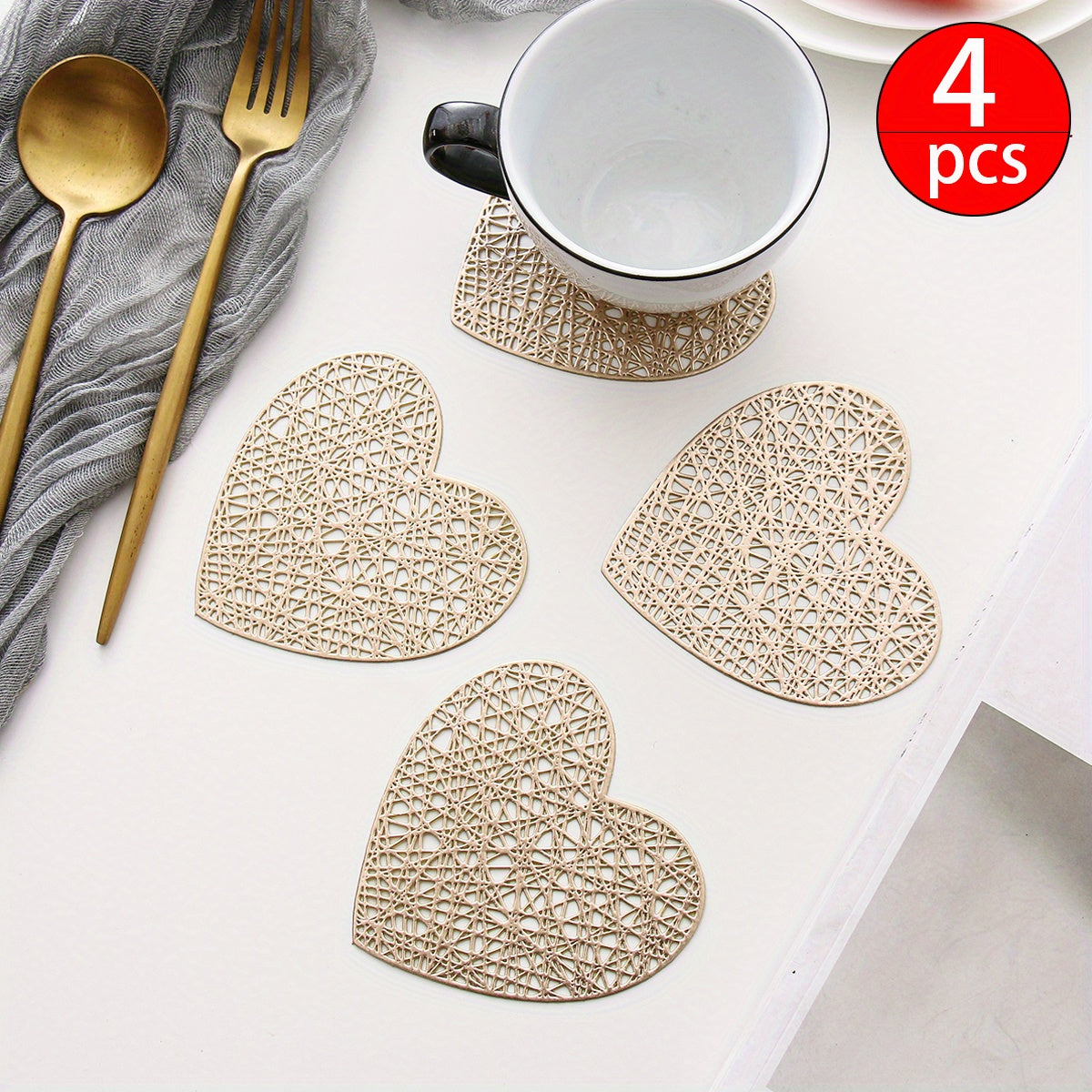 Set of 2 or 4 heart-shaped coasters for Western food, weddings, and home decor.