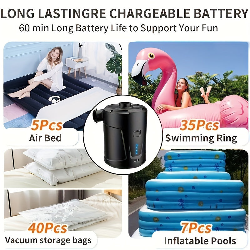 Portable dual-purpose electric pump for swimming pool, air mattress, etc. - 5200mAh rechargeable battery, black.