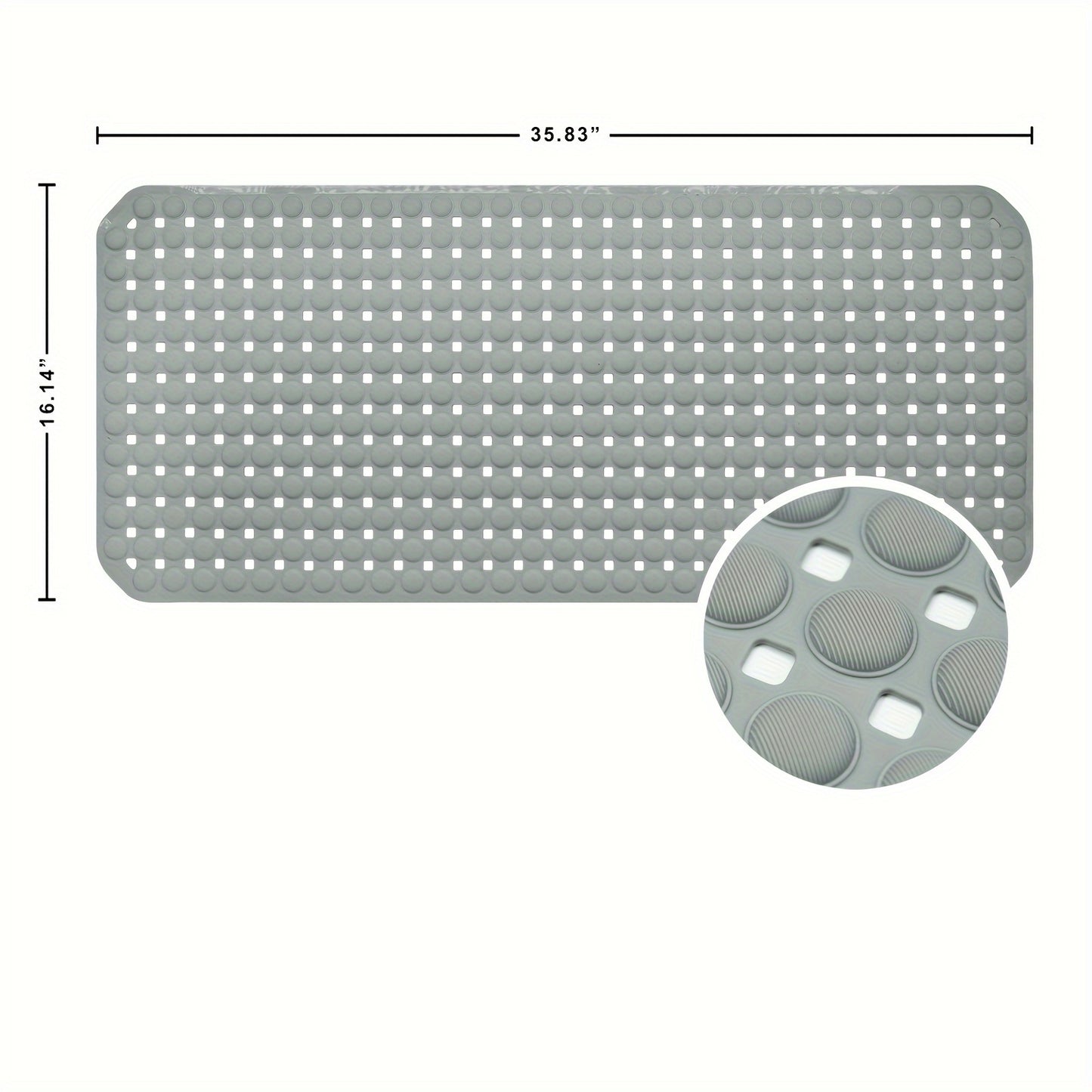 Непоскользящий коврик для ванны с присосками и дренажными отверстиями, изготовленный из прочного ПВХ светло-серого цвета с белыми точками. Можно стирать в машине для безопасности в ванной комнате.