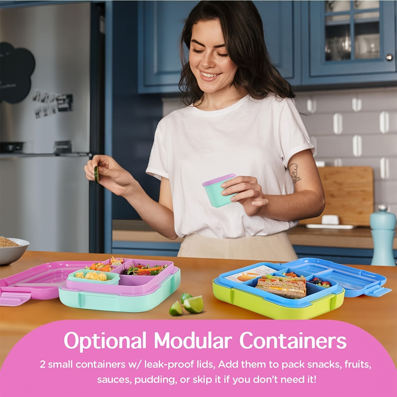 Caperci Large 4.8 Cup Bento Box in Pink - A Popular Choice for Leak-Proof Lunches on-the-Go! Features 4 Compartments, Dual Modular Containers, Portable Handle, Microwave/Dishwasher Safe, BPA-Free - Perfect for School, Work, Camping & Picnics