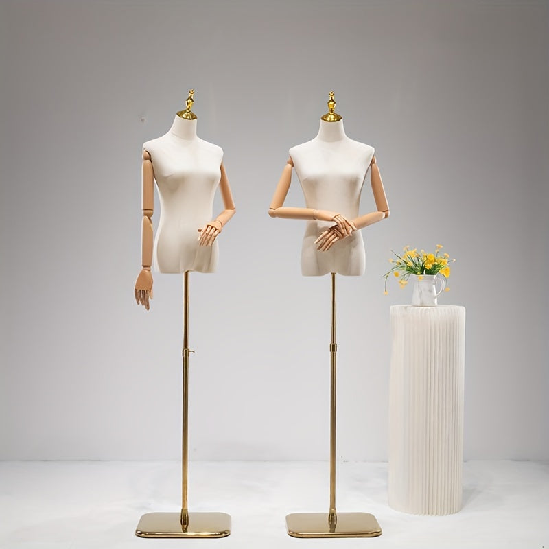 White mannequin with iron base, full body dress form with plastic arms - perfect for clothing display and wedding dress showcase.