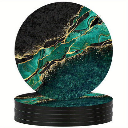 6 luxury golden marbling coasters with absorbent rubber and non-slip backing, perfect for home decor or as a housewarming gift. 10.16cm round.