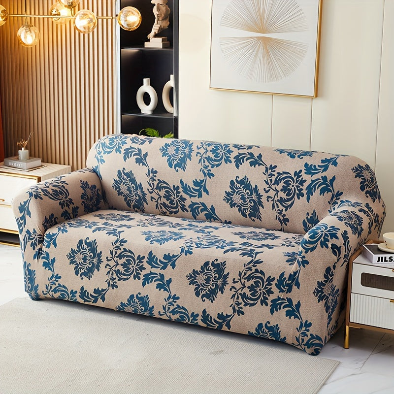 Modern printed sofa slipcover with elastic closure, made of 95% polyester and 5% spandex. Machine washable with active printing and stitched craftsmanship. Fits armchairs to sectional sofas, weighing 100-120gsm fabric.