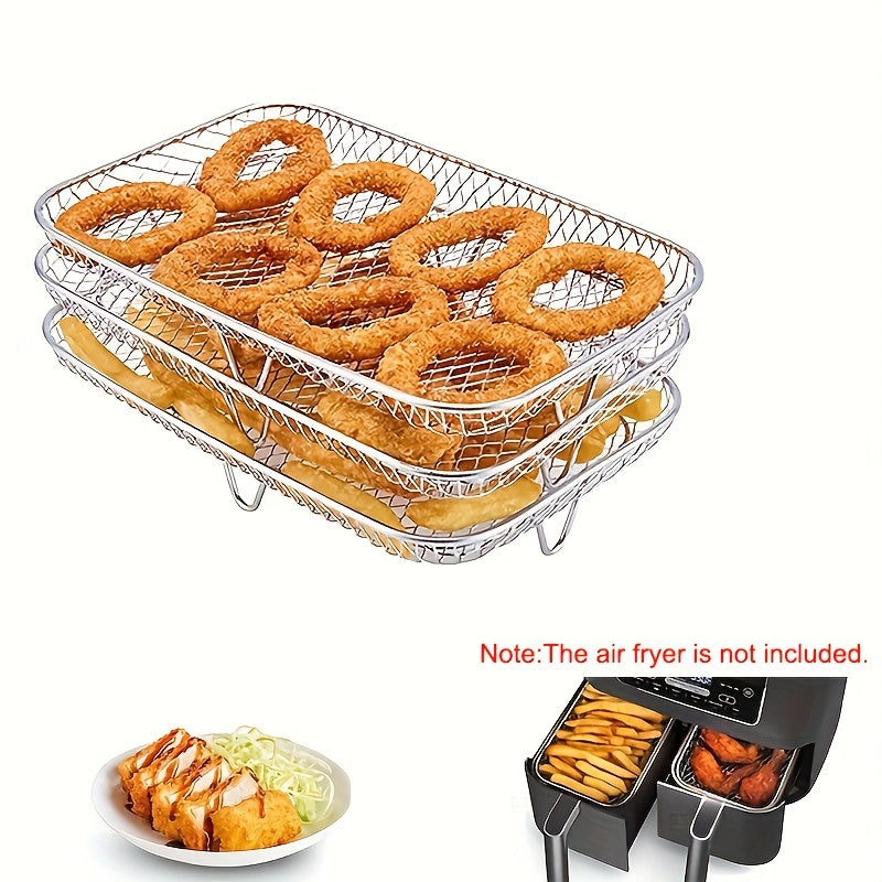 Stainless Steel 3-Piece Layered Rectangle Dehydrator Racks for Ninja Dual Air Fryer - Includes Grilling Rack, Air Fryer Rack, and Basket Tray with Clip and Heighten Feet Pad - Compatible with Double Basket Air Fryers