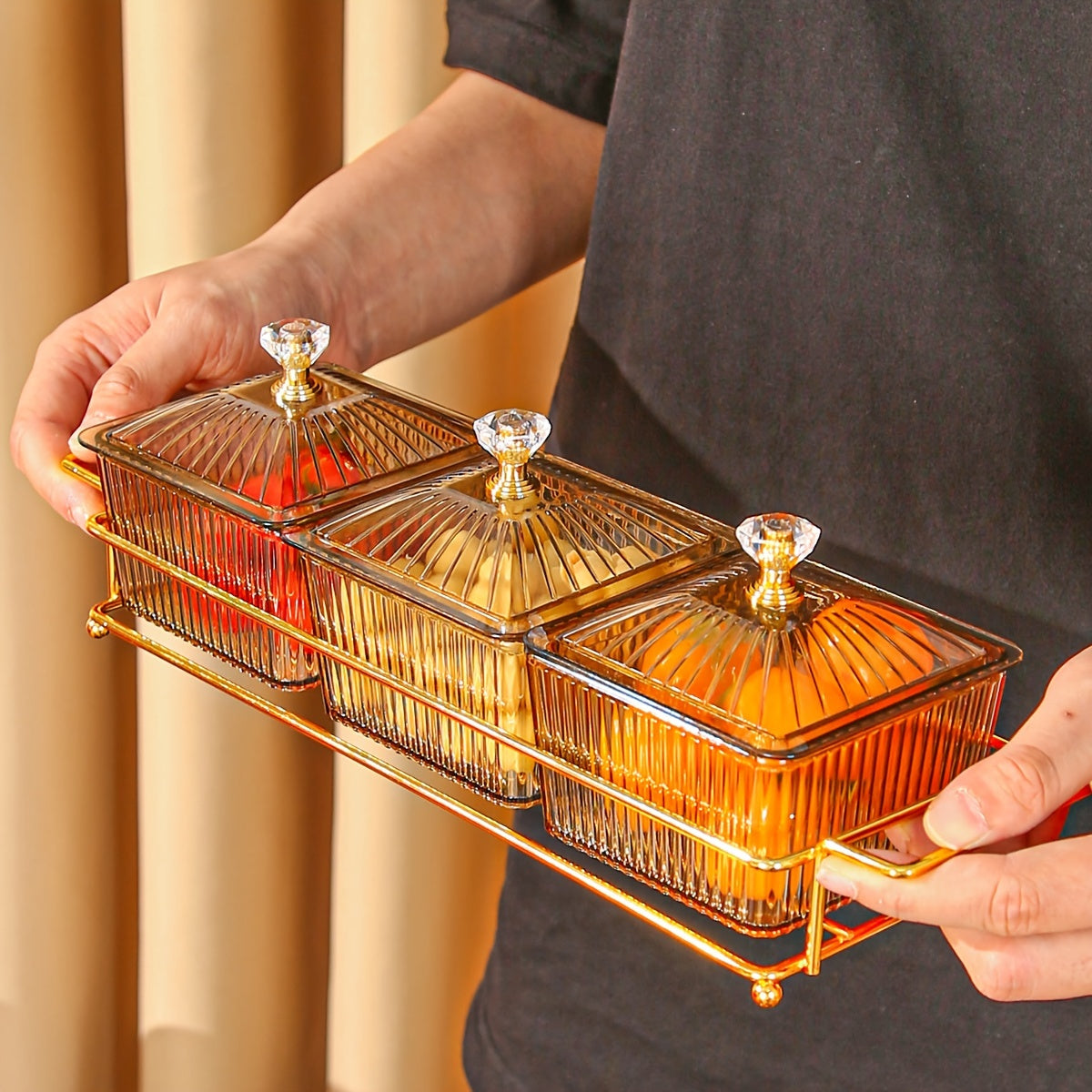 New holiday-themed dried fruit plate trays with multiple compartments for snacks and desserts.