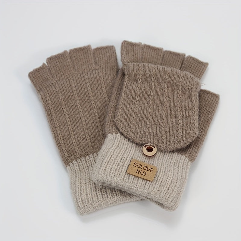 Stay warm and stylish in these women's knitted polyester flip gloves. These casual half-finger gloves come with a cover to keep your fingers cozy. Their solid color design is both classic and versatile, while the elastic material ensures a comfortable