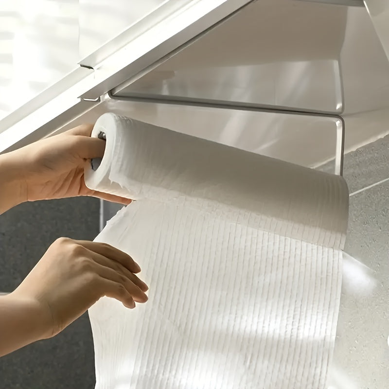 Simplify your kitchen with the 1pc Easy-Install Iron Kitchen Paper Towel Holder. This space-saving cabinet roll organizer requires no drilling and can also hold cling film and dishcloths. Its modern design makes it a stylish addition to your kitchen