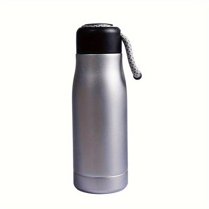 Personalized thermos bottle with laser-engraved text on stainless steel featuring rope design.