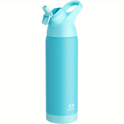 ENCOOL 24oz stainless steel water bottle with leak-proof Tritan lid, straw, and carry loop. Double wall insulated, PVC-free, round shape. Ideal for sports and travel. Hand wash only.