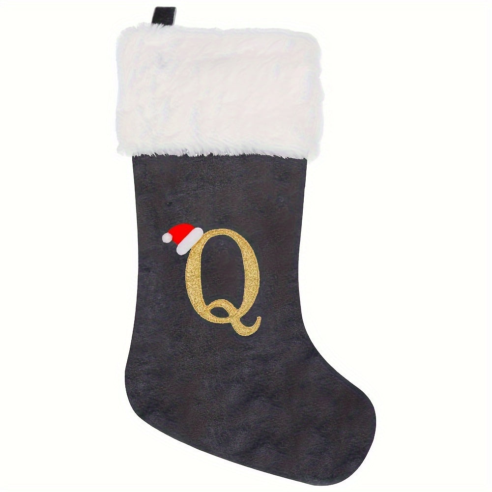 Modern Christmas stocking featuring 'HOME' embroidery in grey and white, made of polyester flannel, 43.18cm in length, feather-free, perfect holiday gift.