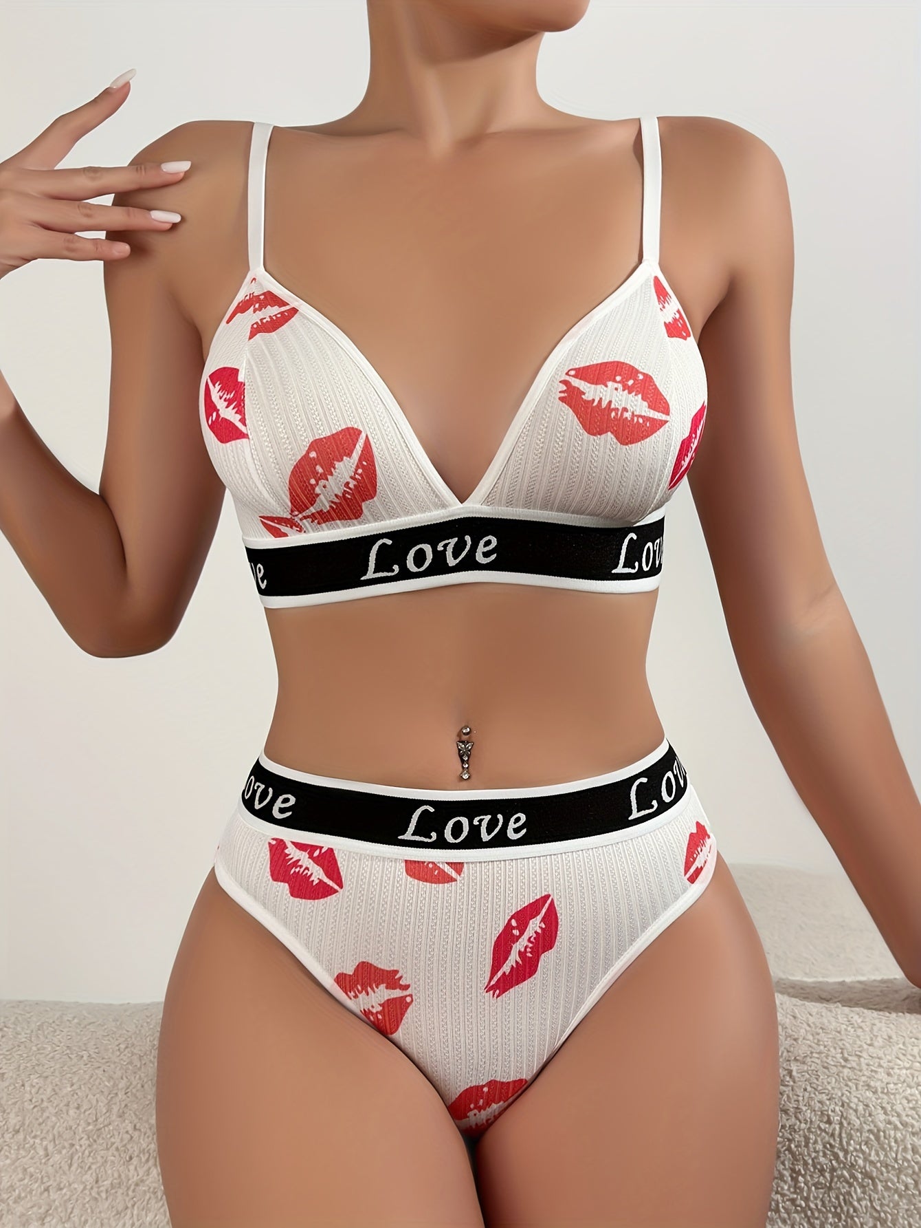 Women's cute cartoon lingerie set made from 90% polyester and 10% elastane. Includes letter and lip print bikini and triangle panties. Skin-friendly and comfortable knit fabric.