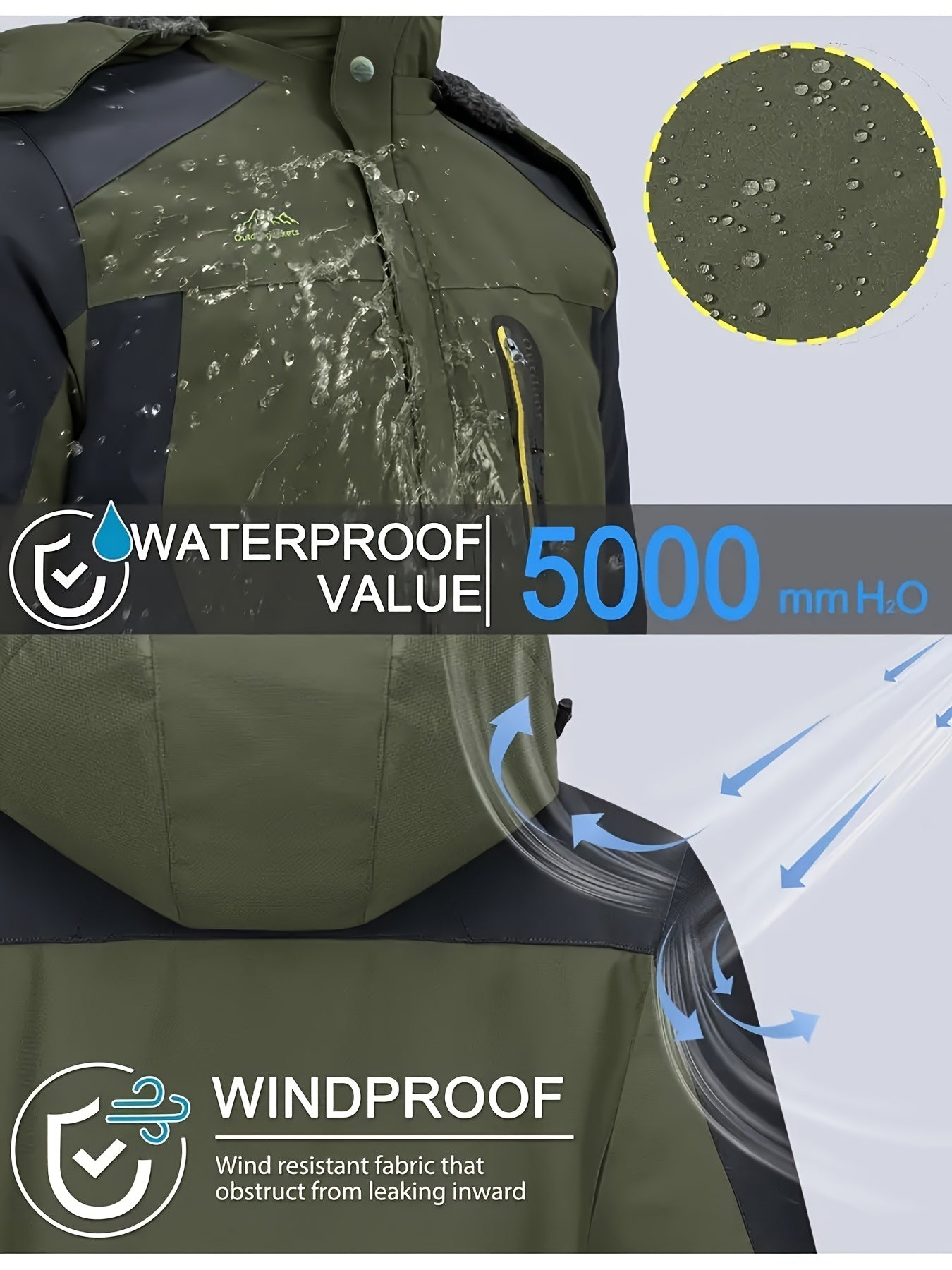 Men's waterproof hooded jacket with thick fleece lining is perfect for skiing, snowboarding, and hiking. Made of durable polyester with zip closure, pockets, and insulation for cold