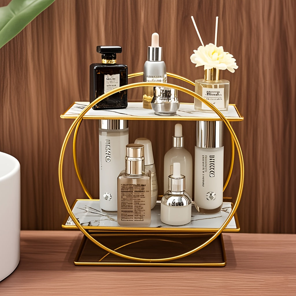 Golden round metal shelf with UV coating, ideal for organizing cosmetics and skincare products in the bathroom or living room. Two-tiered, detachable, and portable design.