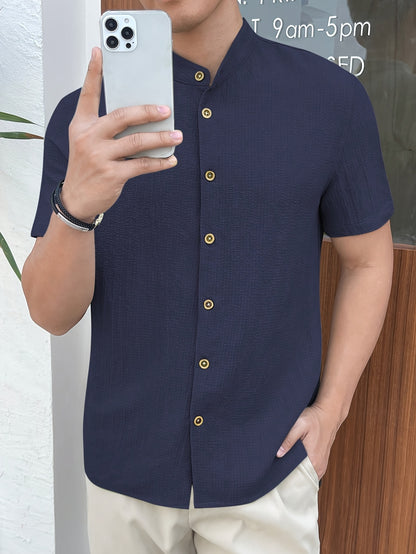 Men's Navy Blue Button-Up Shirt made of lightweight polyester with stand collar. Machine washable, suitable for Spring, Summer & Fall outings. Cute option for short sleeve tops.