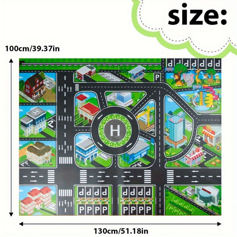 Large city traffic play mat for kids made of waterproof non-woven fabric with colorful road signs and vehicles. An educational and fun green transportation game for modern room decor.