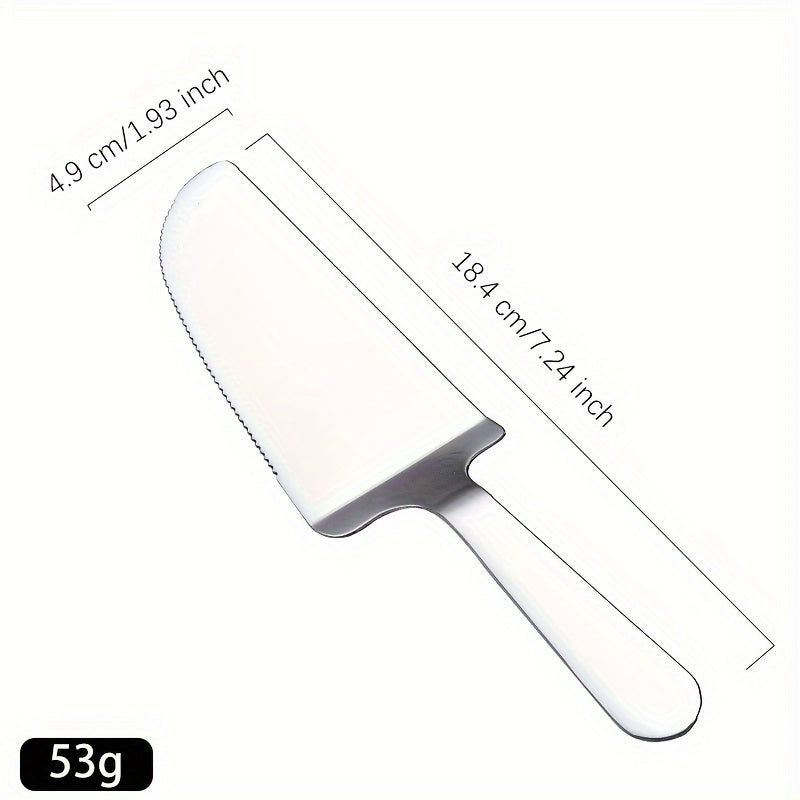 Stainless steel baking tool with multiple uses: cake shovel, triangle shovel, pizza shovel, cheese cutter, small shovel, frying shovel, and dessert shovel.