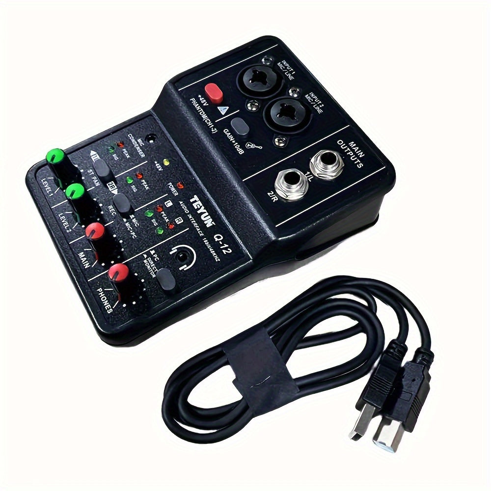 One black USB audio interface mixer with XLR inputs, phantom power, microphone jack, condenser mic support, and computer recording capabilities.