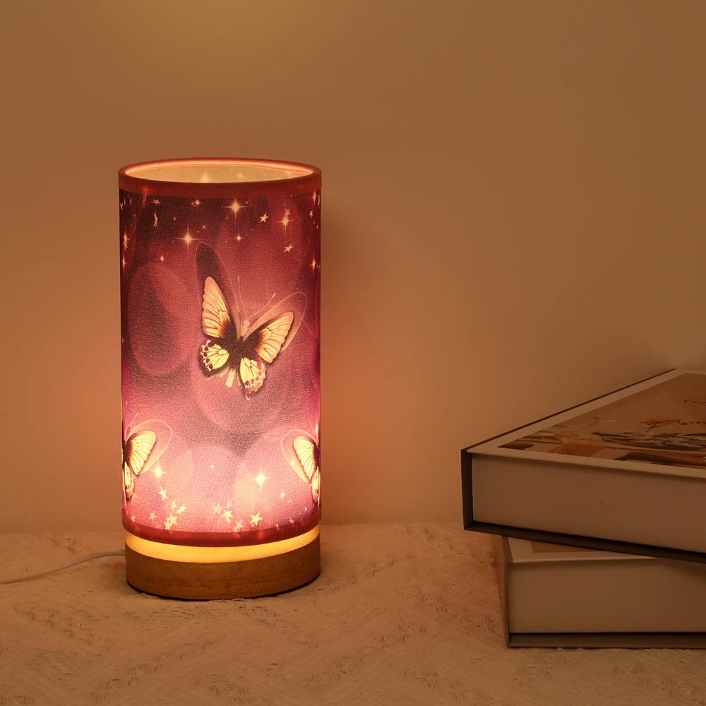 Purple butterfly table lamp with wood base - ideal for bedside or room decor.