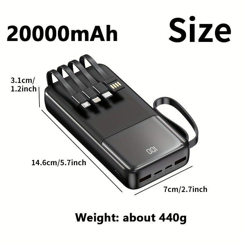 20000mAh Portable Power Bank with fast PD20W charging, 4 built-in charging cables, LED power display, lanyard. Suitable for iPhone/Android and other devices. Ideal for emergencies.